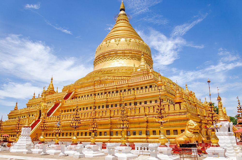 Shwezigon Pagoda, Bagan, Myanmar. Burmese Golden temple built next to Irrawaddy River in 1100AD.